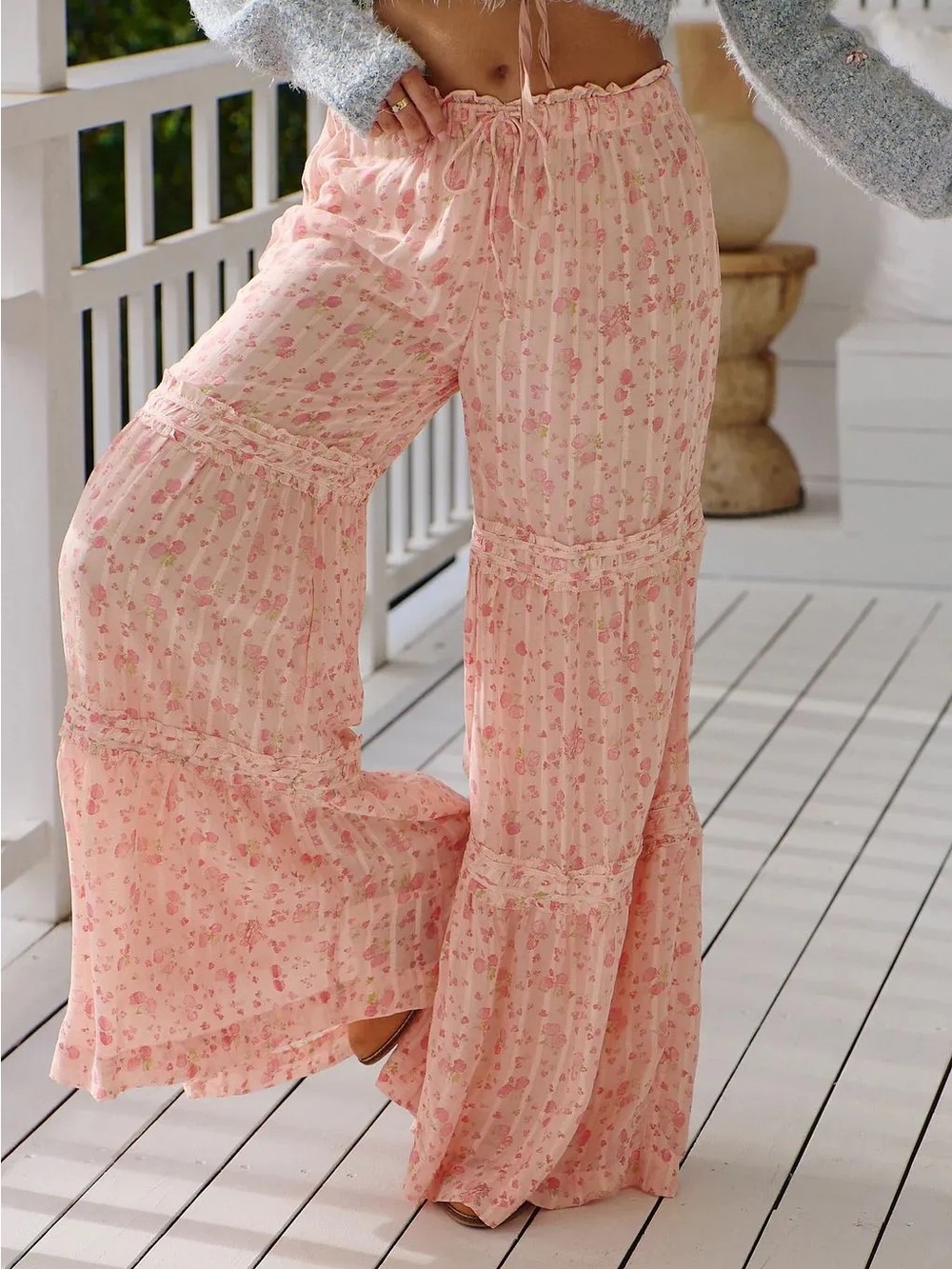NWOT Free People Emmeline Peach Floral Tiered Ruffle Wide Leg Pants M boho